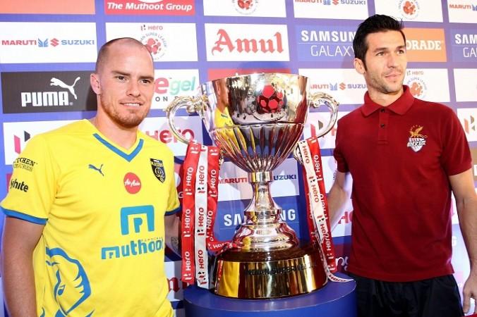 Iain Hume and Luis Garcia with the ISL trophy ISL Final Trophy Iain Hume Kerala Blasters Luis Garcia Atletico de Kolkata