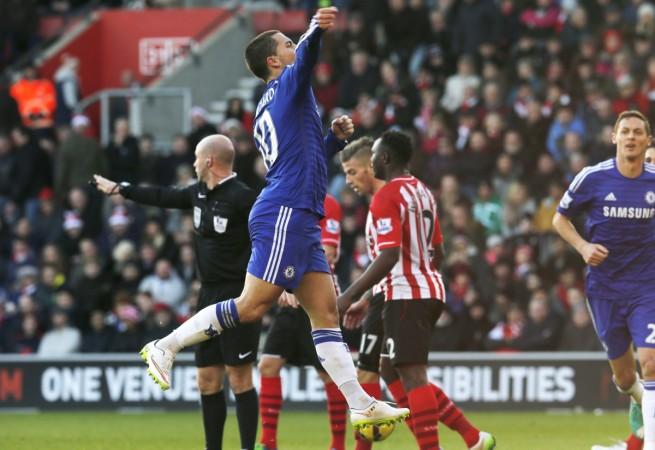 Eden Hazard of Chelsea celebrates scoring his team's first goal against Southampton during their English Premier League soccer match at St Mary's Stadium in Southampton Eden Hazard