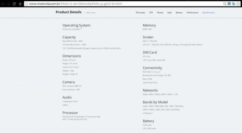 Moto G (Gen 2) LTE product details on Motorola Brazil website (screen-shot) Motorola Launches Moto G (Gen 2) LTE in Brazil; Will it Set Foot in India?