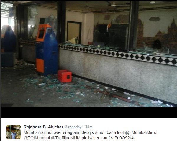 Protesters destroyed several automatic ticket vending machines and vandalised the ticket window at Dombivli station on the Central line Protesters destroyed several automatic ticket vending machines and vandalised the ticket window at Dombivli station on the Central line