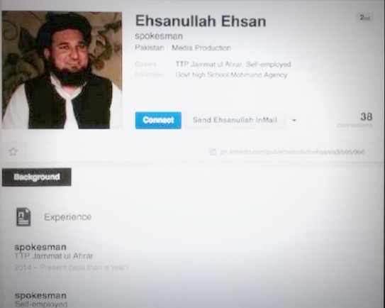 Ehsanullah Ehsan,a senior Taliban leader,who has a $1 million bounty of his head for the assassination attempt by his group on the life of teen activist Malala,is found to have been using LinkedIn for professional networking.