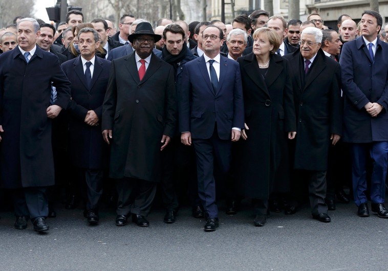 World leaders participate in the Paris march on Sunday. World leaders participate in the Paris march on Sunday.