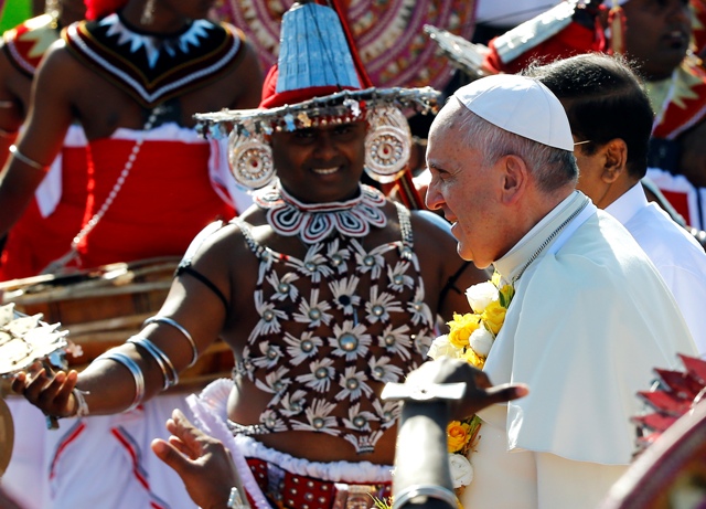 Pope Francis is greeted as he arrives at the Colombo airport, Sri Lanka. Pope Francis in Sri Lanka