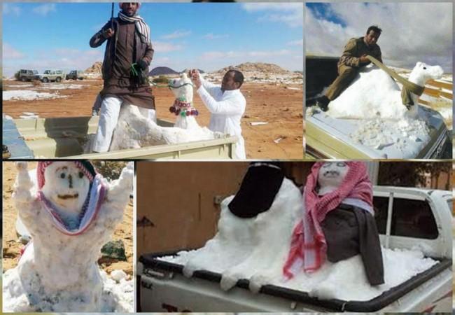 Saudi citizens enjoying snowmen in the northern part of the country
