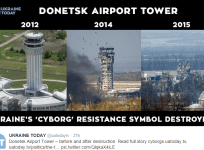 A report by Ukraine Today shows the fully destroyed air traffic control tower at Donetsk airport.