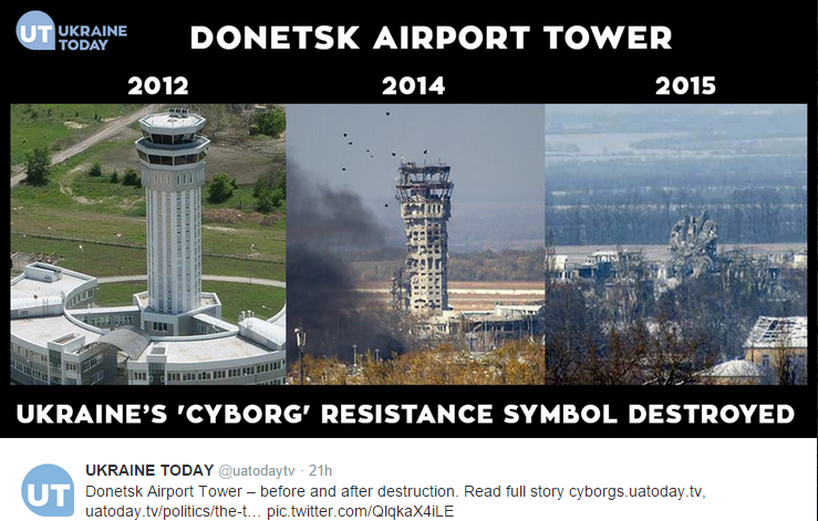 A report by Ukraine Today shows the fully destroyed air traffic control tower at Donetsk airport. A report by Ukraine Today shows the fully destroyed air traffic control tower at Donetsk airport.