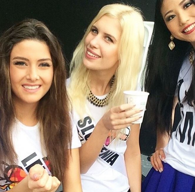 Miss Lebanon Saly Greige cropped Miss Israel Doron Matalon from the selfie and re-shared it on her Instagram Miss Universe 2014