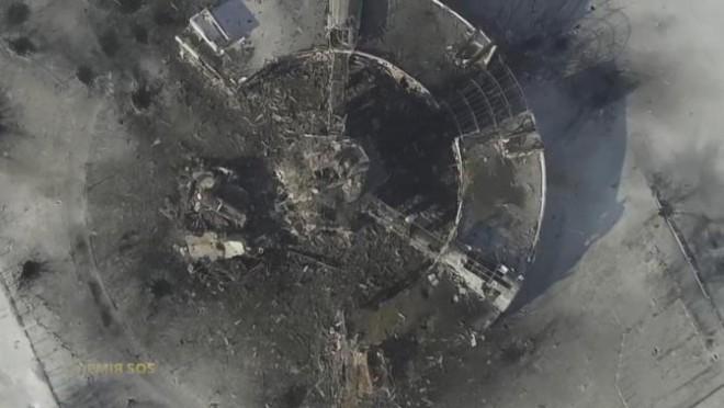 An aerial footage shot by a drone shows a multi-storey control tower of the Sergey Prokofiev International Airport damaged by shelling during fighting between pro-Russian separatists and Ukrainian government forces, in Donetsk, eastern Ukraine.