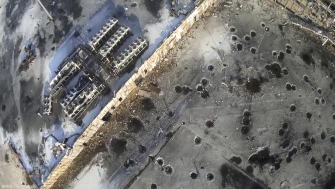 An aerial footage shot by a drone shows the shell craters at the Sergey Prokofiev International Airport damaged by shelling during fighting between pro-Russian separatists and Ukrainian government forces, in Donetsk, eastern Ukraine An aerial footage shot by a drone shows the shell craters at the Sergey Prokofiev International Airport damaged by shelling during fighting between pro-Russian separatists and Ukrainian government forces, in Donetsk, eastern Ukraine