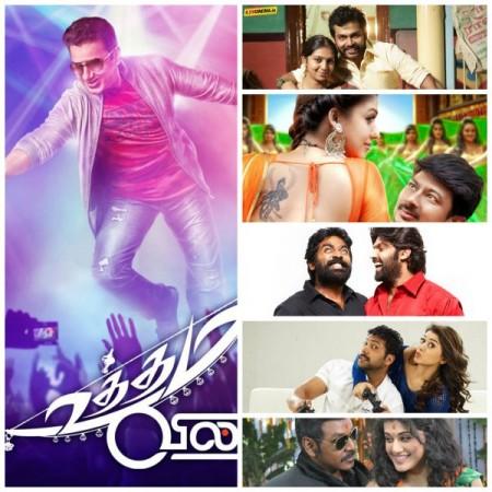 A collage of April releases. 'Komban', 'Uttama Villain', 'Muni 3', 'Romeo Juliet', 'Nannbenda', 'Purampokku' in April