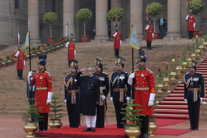 President Pranab Mukherjee at the forecourt of Rashtrapati Bhawan ahead Republic Day celebrations in New Delhi, on Jan 26, 2015. Republic Day
