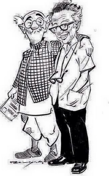 Sketch of Cartoonist RK Laxman with his character The Common Man. RK Laxman