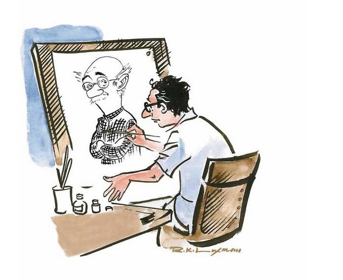Cartoonist RK Laxman drawing his creation The Common Man. RK Laxman