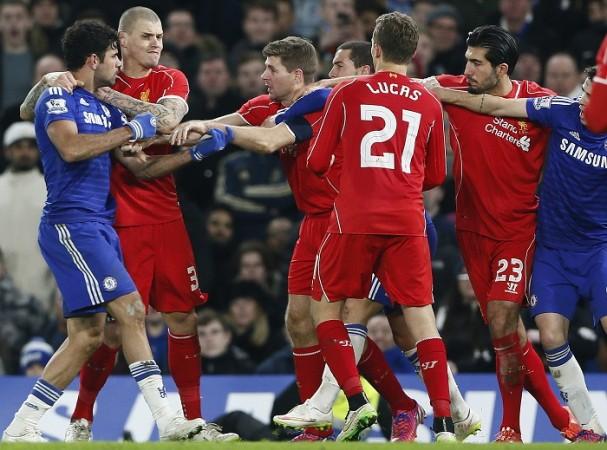 Chelsea's Diego Costa (L) argues with Liverpool's Steven Gerrard (3rd L) during their English League Cup semi-final second leg match at Stamford Bridge Chelsea vs Liverpool