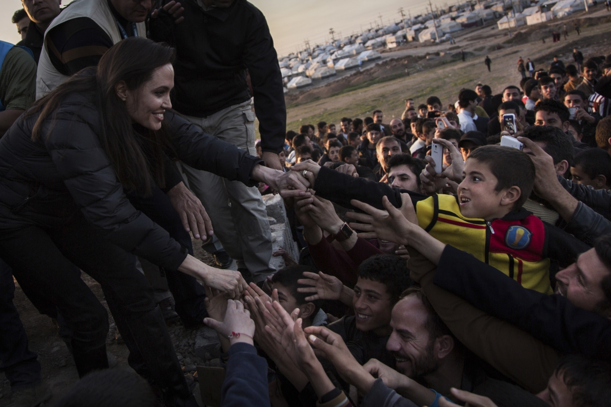 United Nations High Commissioner for Refugees (UNHCR) Special Envoy Angelina Jolie meets members of the Yazidi minority in Khanke internally displaced person (IDP) Camp in Dohuk, northern Iraq January 25, 2015. Angelina Jolie