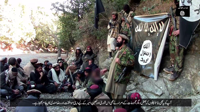 Sheikh Abu Omar Maqbool, a former spokesman for the Pakistani Taliban, pledges allegiance to the Islamic State in this still from a video released by an Islamic State media wing