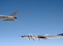 A British RAF Typhoon shadows a Russian Bear-H bomber