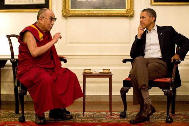 His Holiness the Dalai Lama with President Barack Obama during their meeting in the Map Room of the White House in Washington DC on July 16, 2011. Dalai Lama with Obama
