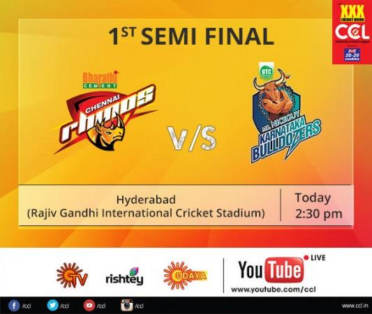 A promotional material of CCL 5 Semi-Finals. Chennai Rhinos vs. Karnataka Bulldozers