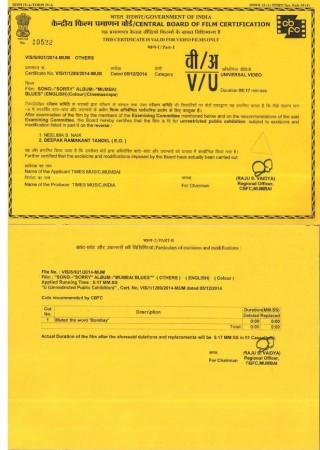 Censor Board certificate for music video of 'Sorry' Censor Board certificate for music video of 'Sorry'