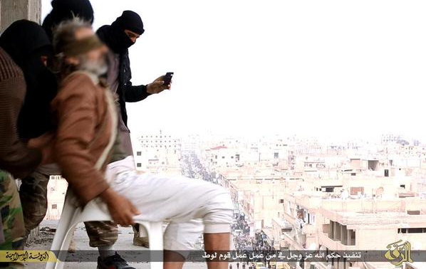 The man in his 50s was blindfolded and made to sit on a chair before being thrown down from a 7-floored building in Raqqa The man in his 50s was blindfolded and made to sit on a chair before being thrown down from a 7-floored building in Raqqa