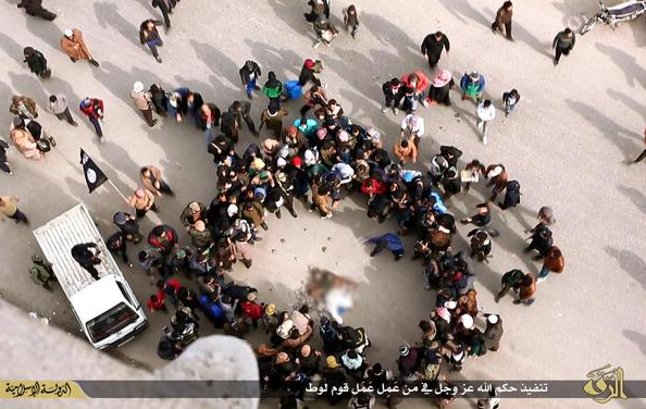 The man survived after being thrown down from a building,but was then stoned to death by the crowd. The man survived after being thrown down from a building,but was then stoned to death by the crowd.