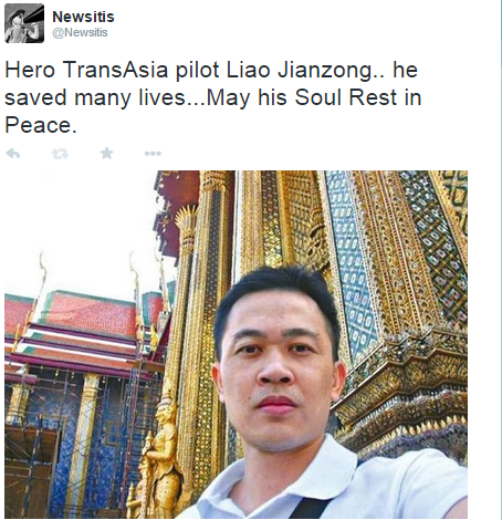 Many on social media praised the brave TransAsia Pilot.