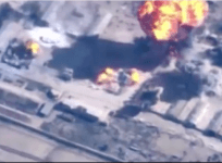 An ISIS target erupts in flame after it was bombed by the Jordanian air force.