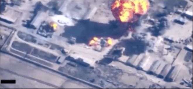 An ISIS target erupts in flame after it was bombed by the Jordanian air force.