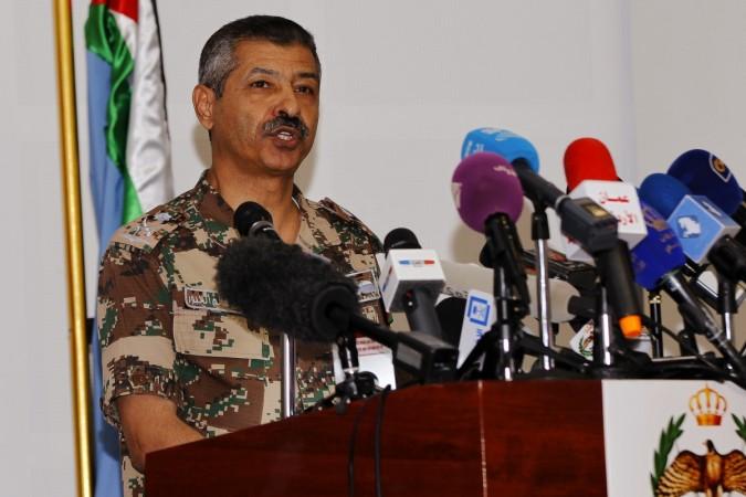 General Mansour al Jbour, head of the Jordanian airforce, speaks during a news conference at the King Abdullah II Special Operations Training Center (KASOTC) in Amman February 8, 2015. Al Jbour said on Sunday his country's jet fighters had conducted 56 raids in three days of intensified bombing targeting a stronghold of Islamic State militants in northeast Syria. General Mansour al Jbour