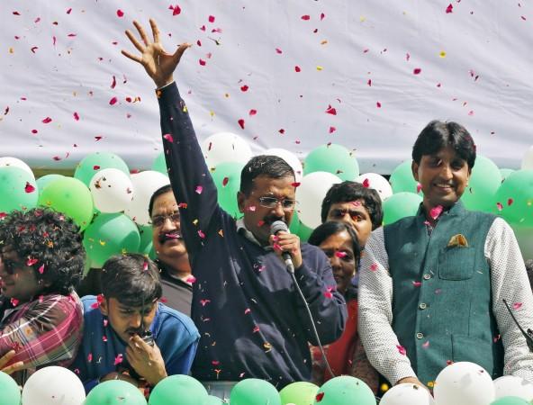Arvind Kejriwal addresses his supporters in New Delhi on 10, February, 2015. Arvind Kejriwal