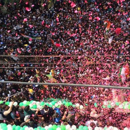 Supporters celebrating the massive victory of AAP in New Delhi. AAP wins Delhi Elections