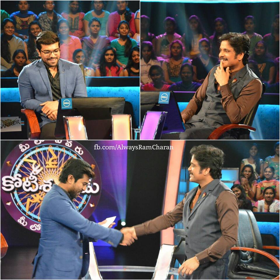 Ram Charan with Nagarjuna on Meelo Evaru Koteeswarudu 2