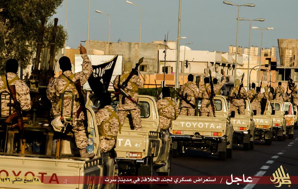 Isis Libya convoys pass through the streets of Libya as its fighters aim their guns to the sky in defiance to the air strikes by Egypt. Isis Libya convoys pass through the streets of Libya as its fighters aim their guns to the sky in defiance to the air strikes by Egypt.