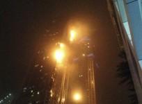 A fire blazes at