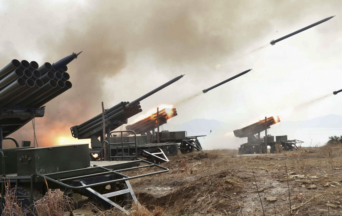 A view of artillery fire and landing exercises guided by North Korean leader Kim Jong Un (not seen) in this undated photo released by North Korea's Korean Central News Agency (KCNA) in Pyongyang February 21, 2015.