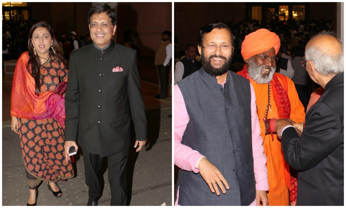 Union Coal, Power and Renewable Energy Minister Piyush Goyal, Minister for Environment and Forest Prakash Javadekar and Sakshi Maharaj during the wedding ceremony in New Delhi. Lalu Yadav's daughter and Mulayam Singh Yadav's grandnephew wedding