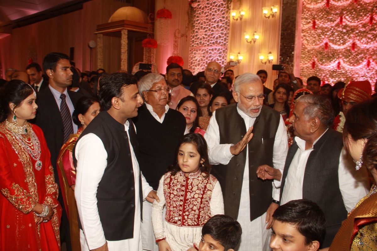 Prime Minister Narendra Modi, Uttar Pradesh Chief Minister Akhilesh Yadav, RJD supremo Lalu Yadav, SP supremo Mulayam Singh Yadav during the wedding ceremony of Lalu's daughter Raj Lakshmi with Mulayam's grandnephew and MP Tej Pratap Yadav in New Delhi. Lalu Yadav's daughter and Mulayam Singh Yadav's grandnephew wedding