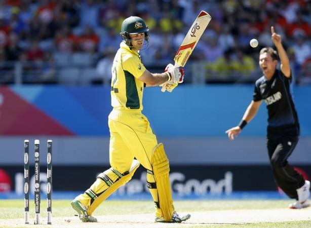 Glenn Maxwell looks back in despair after playing on to a delivery from Trent Boult in the ICC Cricket World Cup 2015 match between Australia and New Zealand Glenn Maxwell Australia Trent Boult New Zealand