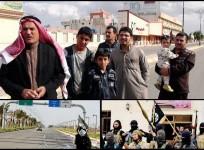 Isis photo report shows residents inside Tikrit (top). A jihadi fighter with an Isis flag at the entrance towards Tikrit.(below left) Isis fighters pose with weapons (below right)