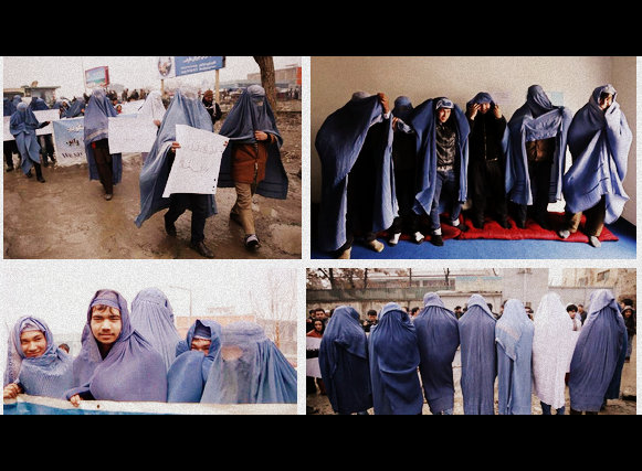 Afghan men in burqas ask for more rights for women in the country ahead of International Women's Day 2015