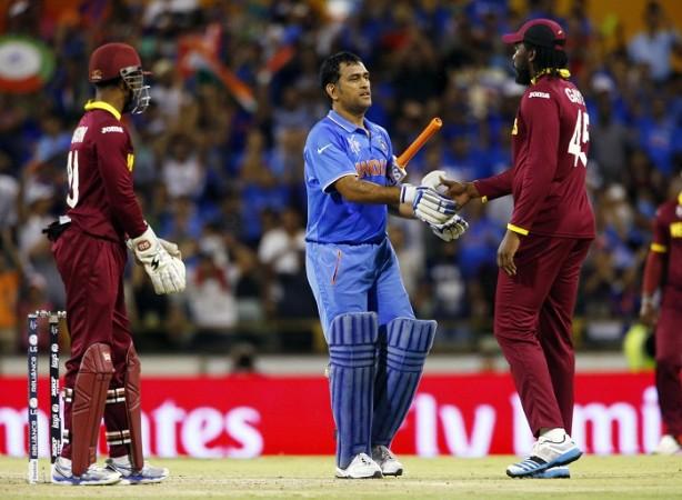 MS Dhoni shakes hands with Chris Gayle after guiding India to victory over the West Indies in their ICC Cricket World Cup 2015 match MS Dhoni India Chris Gayle Denesh Ramdin West Indies ICC Cricket World Cup 2015