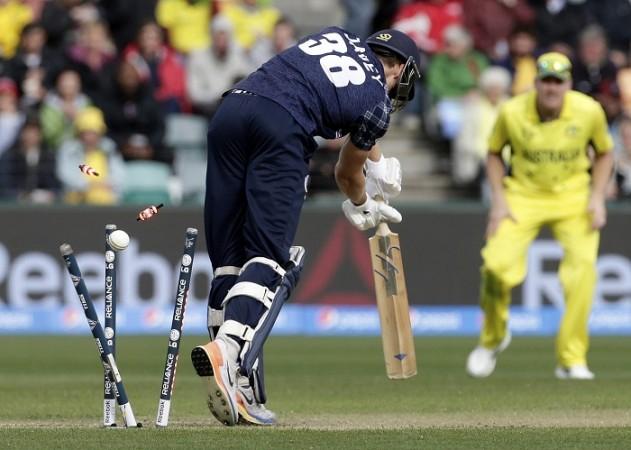 Josh Davey is clean bowled by Mitchell Starc Josh Davey Scotland Australia ICC Cricket World Cup 2015