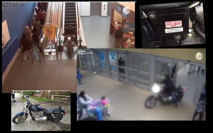 The video showing a motorcyclist on a Harley Davidson being chase by Canadian police through a shopping mall has gone viral.