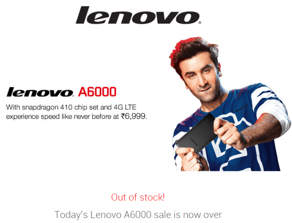 Lenovo Sold 1,80,000 units of A6000 after the completion of today's sale Lenovo Sold 1,80,000 units of A6000 after the completion of today's sale