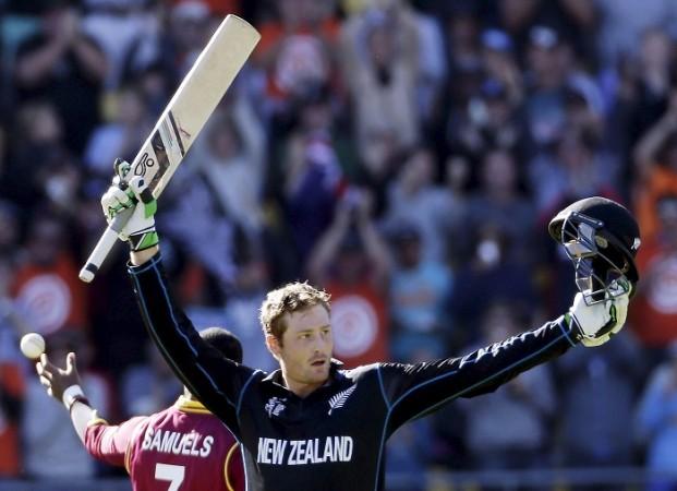 New Zealand opener Martin Guptill celebrates his hundred against the West Indies in their ICC Cricket World Cup quarterfinal Martin Guptill New Zealand West Indies ICC Cricket World Cup 2015