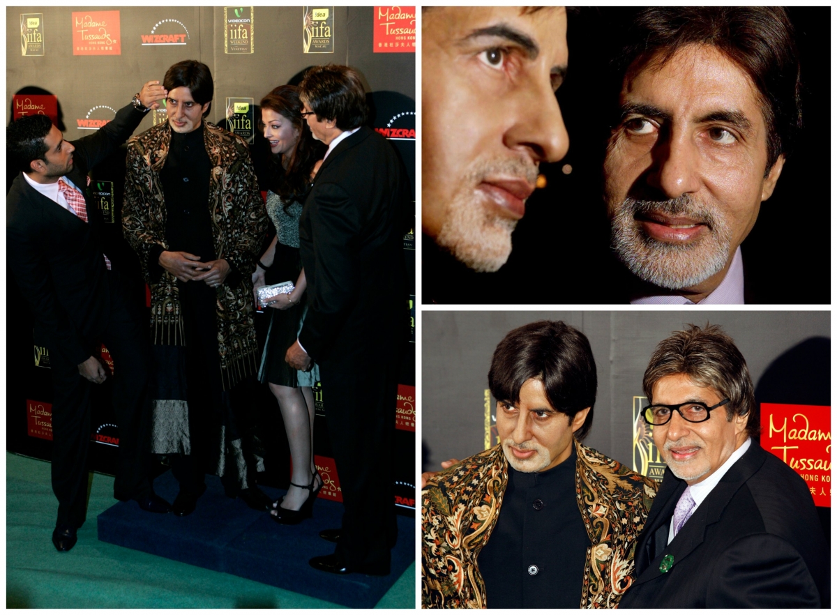 Amitabh Bachchan, Abhishek Bachchan and Aishwarya Rai Bachchan with Amitabh's wax statue Amitabh Bachchan, Abhishek Bachchan and Aishwarya Rai Bachchan with Amitabh's wax statue