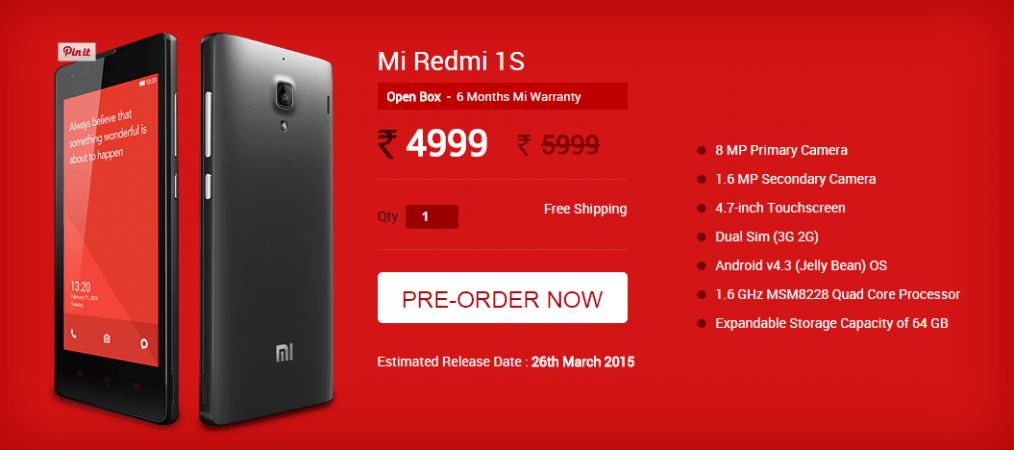 Xiaomi To Sell Refurbished, Open Box Redmi 1S At Discounted Price; First Sale To Kick off 26 March