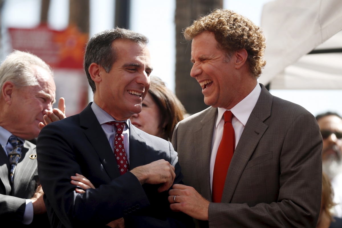 Actor Will Ferrell (R) jokes with Los Angeles mayor Eric Garcetti. Will Ferrell Hollywood Walk of Fame