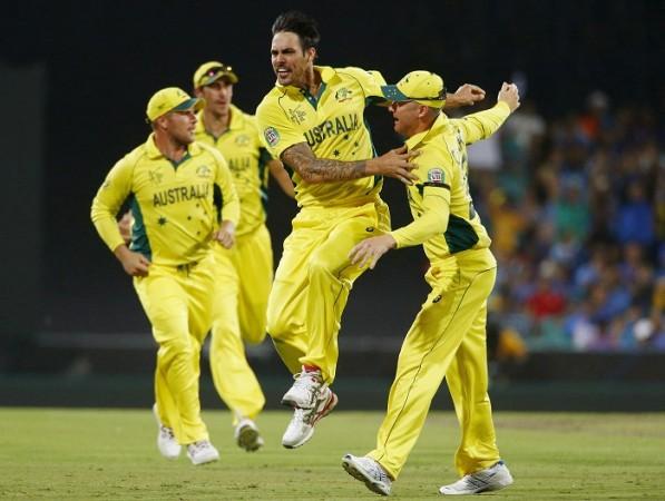 Mitchell Johnson celebrates with Brad Haddin after dismissing Virat Kohli Mitchell Johnson Brad Haddin Australia ICC Cricket World Cup 2015